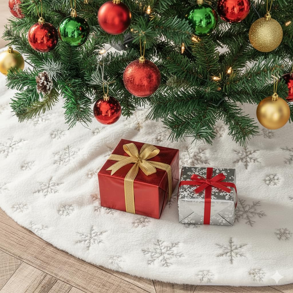 Photo 1 of 36 Inch Christmas Tree Skirt Faux Fur, White Soft Double Layer Plush Tree Skirt for Merry Christmas Party Christmas Tree Decoration Holiday Party Home Decor Indoor Outdoor B2