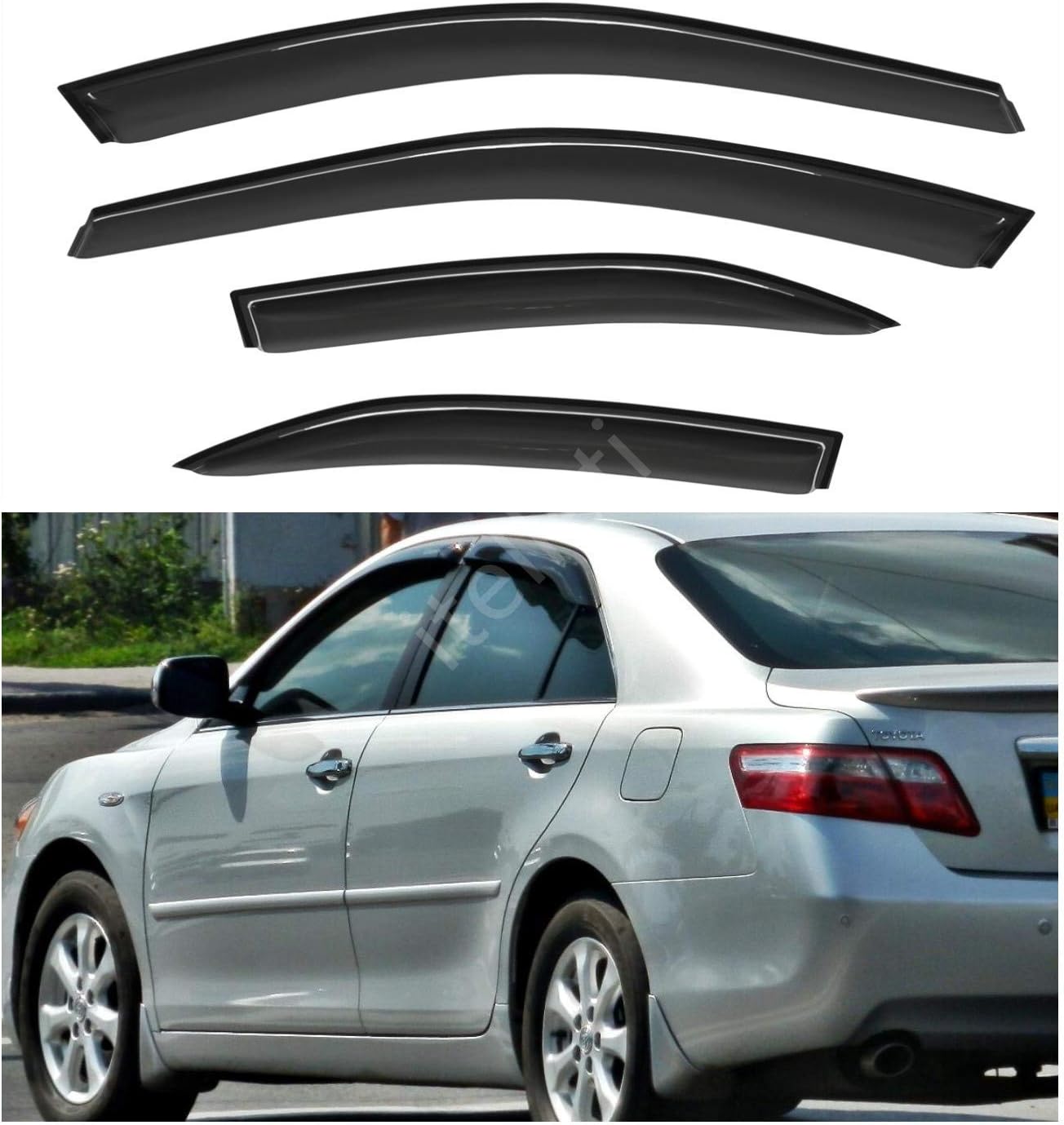 4pcs Outside Mount Dark Smoke Sun/Rain Guard Front+Rear Tape-On Auto Window Visors Compatible with 02-06 Camry