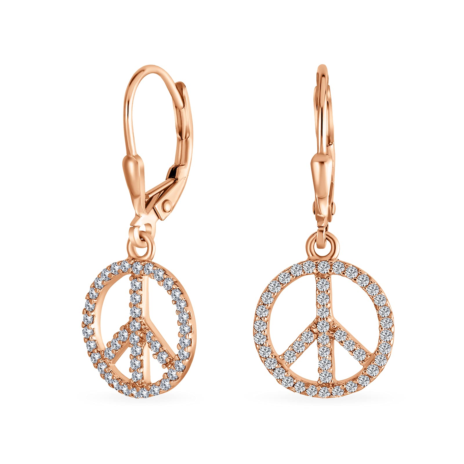 Message World Peace Sign Symbol Cubic Zirconia Pave CZ Lever back Drop Dangle Earrings For Women For Teen Rose Gold Plated .925 Sterling Silver