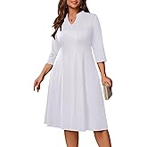 Runwind Plus Size Dresses for Curvy Women, V-Neck 3/4 Sleeve Semi-Formal Fall Church Wedding Guest Cocktail Party Midi Dress