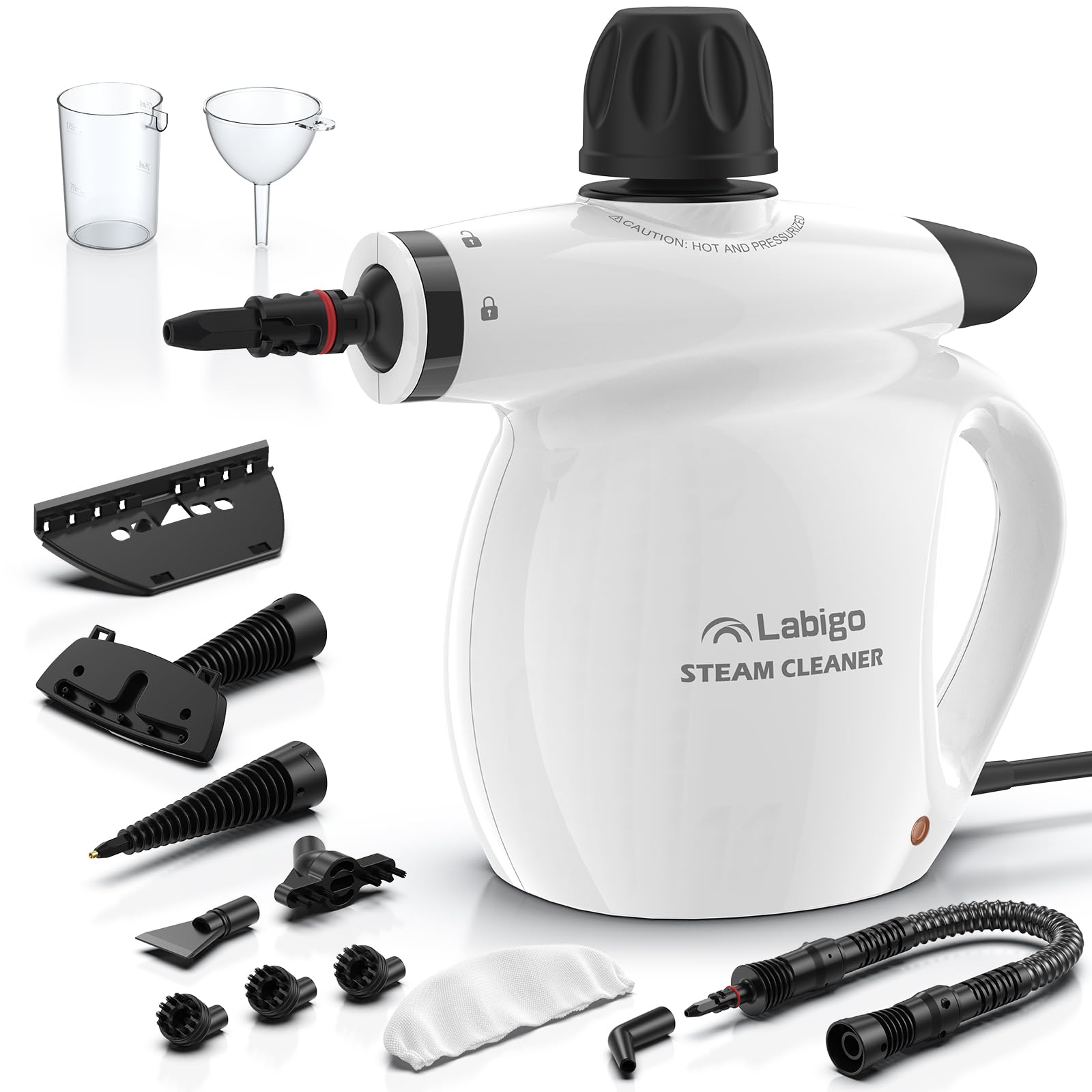 LABIGO Steam Cleaner, Pressurized Handheld 13pcs Multi-Purpose Natural Deep Cleaning Steamer, Portable Steamer for Cleaning Home, Grout, Kitchen, Car, Window, Upholstery and Bathroom, Snow White