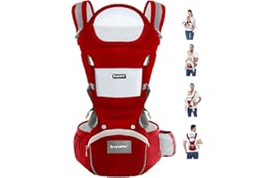 KIYUMI Baby Carrier with Hip Seat, Ergonomic M Position, Newborn to Toddler, Head Support and Breathable Mesh,Adjustable Removable 6- in-1 Baby Baby Sling Carrier (7-45 lbs) for Mom Dad, Red