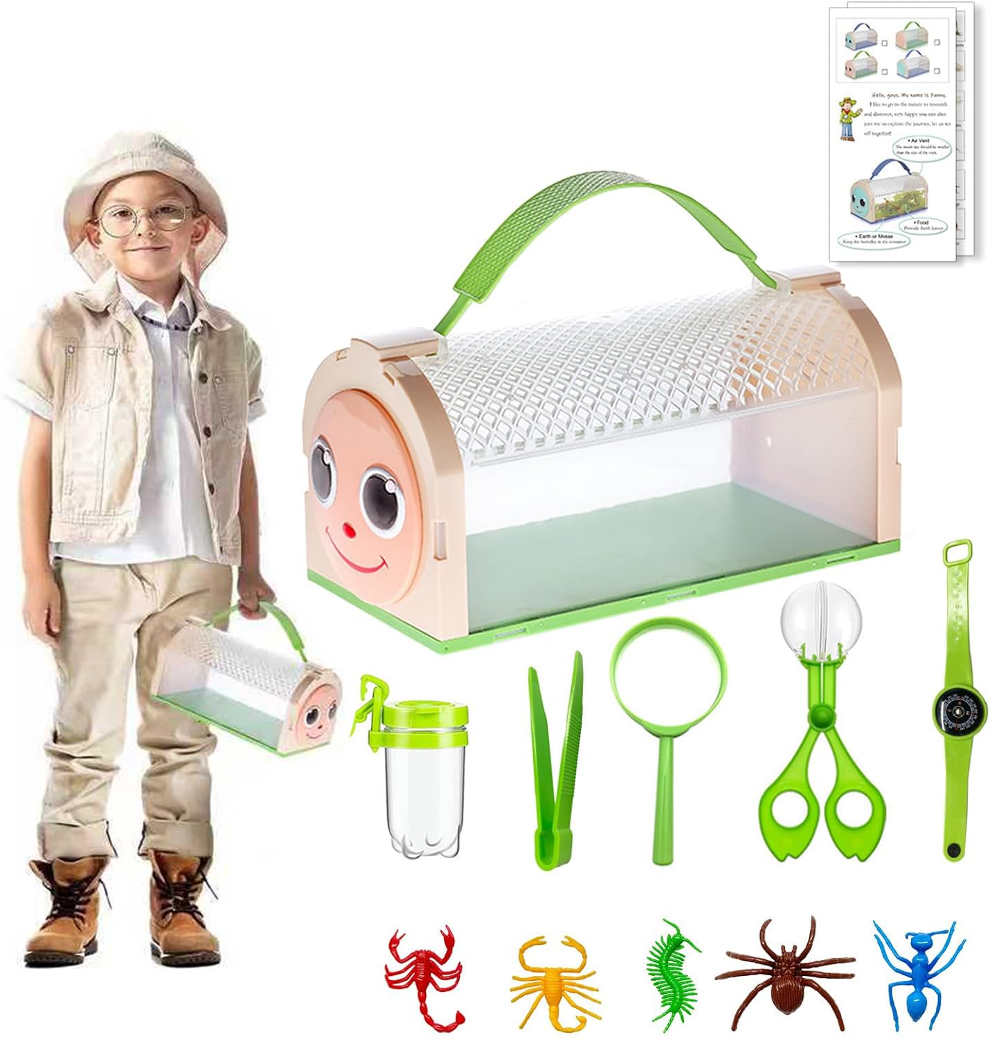 Bug Catcher Kit for Kids,Critter Habitat Box for Indoor/Outdoor Insect Collecting,Includes Carrying Handle and Easy-Access Door,with Bug Tong,Tweezer & Magnifying Glass,Gift for Boys and Girls