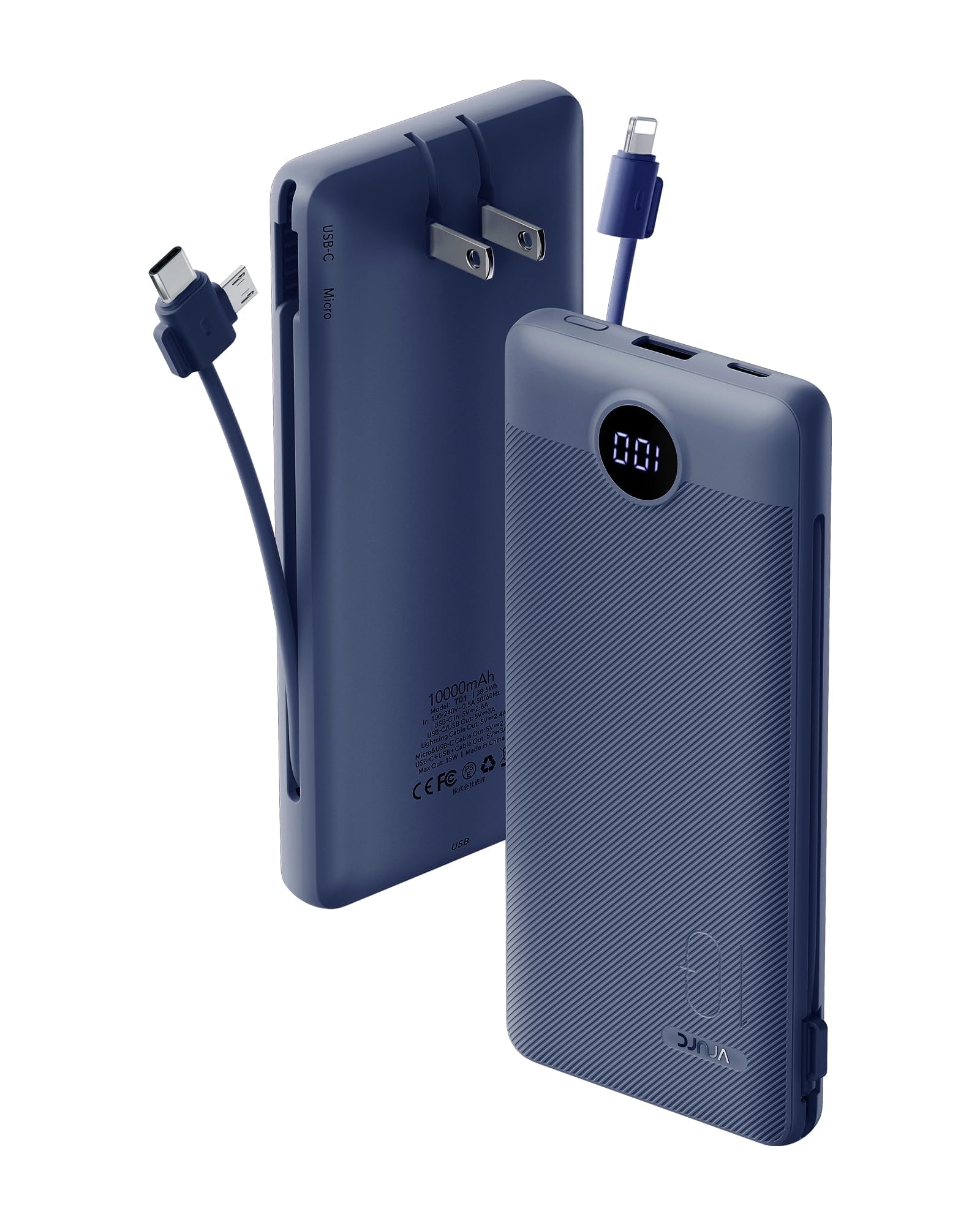 VRURC Portable Charger Built-in Cables and AC Wall Plug, USB C Power Bank 10000mAh, Travel Battery Portable Phone Charger Compact Lightweight External Battery Pack for Smart Phones, Tablets etc-Navy Image