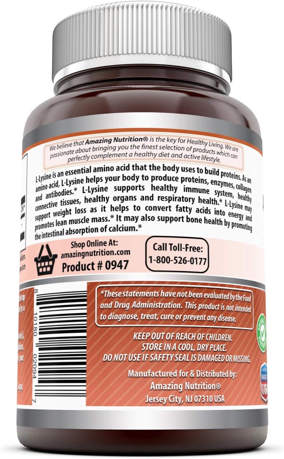 Amazing Nutrition Amazing Formulas L-Lysine 1000mg Amino Acid Vitamin 180 Tablets: Health & Personal Care