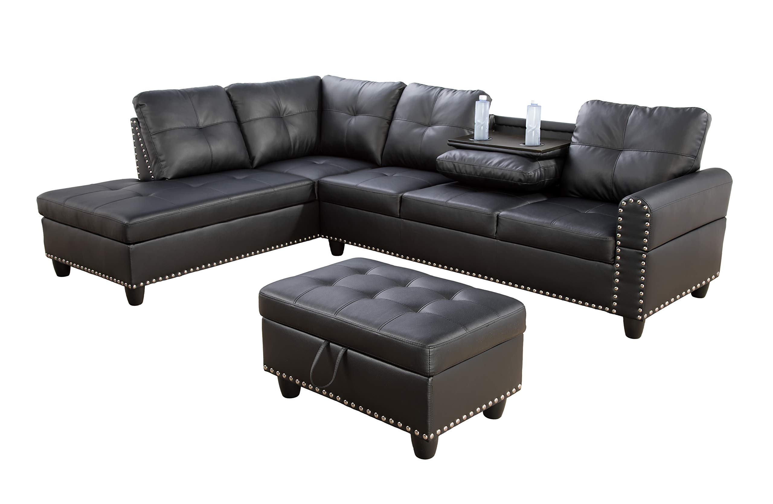 Contemporary Sectional Sofa Couch w/Chaise & Storage Ottoman|3PCs L-Shaped Sectionals Living Room Furniture|Faux Leather Upholstery w/Cup Holders Drop-Down Table|Memory Foam Cushion(BlackLeftFacing)