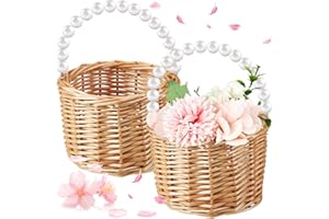 Soaoo Set of 2 Flower Girl Basket Wicker Rattan Woven Storage Basket with Pearl Handles Woven Eggs Candy Storage for Wedding Home Garden Valentines Day Decoration