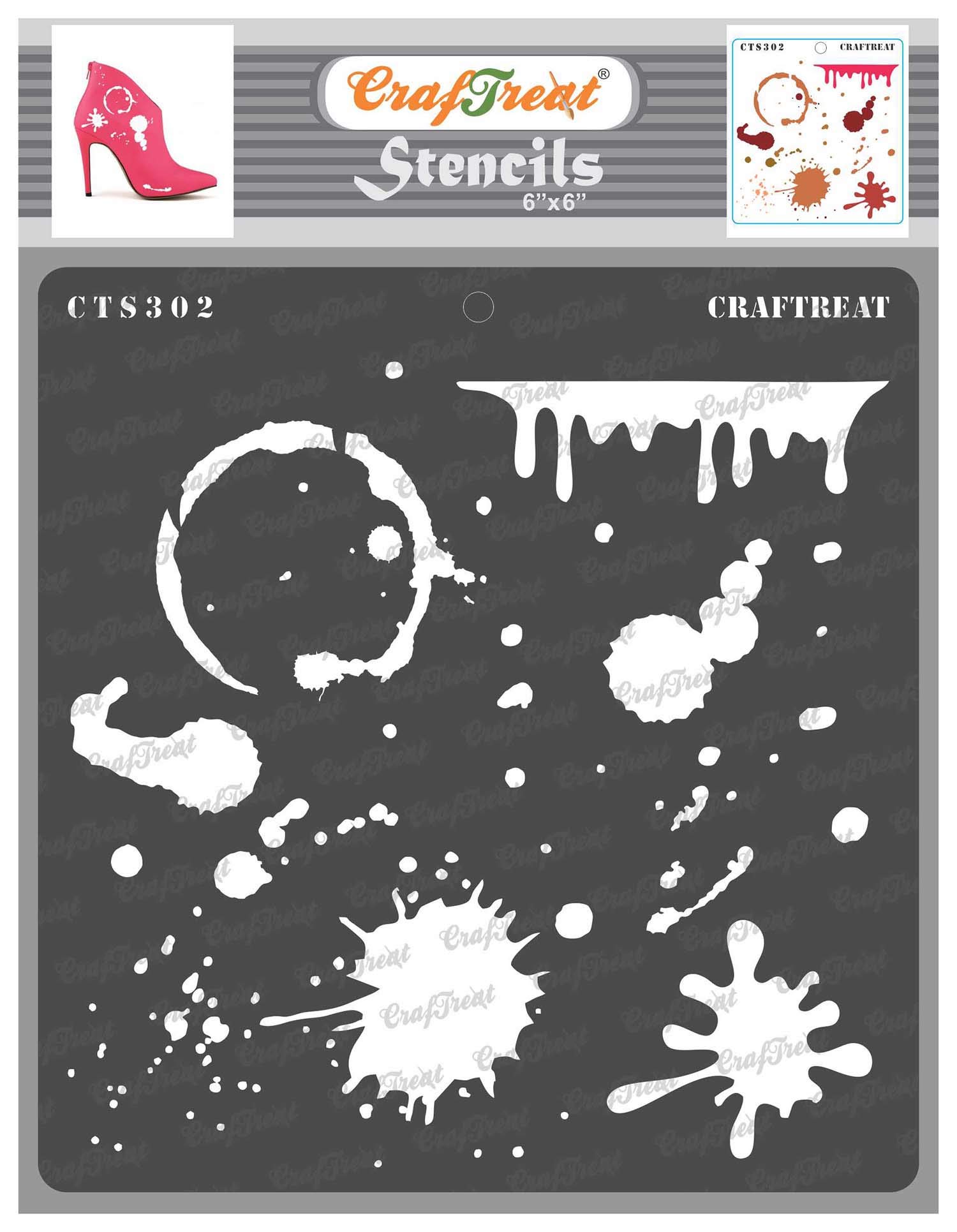 CrafTreat Reusable Stain and Splatter Stencils for Painting on Wood, Canvas, Paper, Fabric, Floor, Wall and Tile - Stains and Splatters - 6x6 Inch - DIY Art and Craft Stencils - Splatter Stencil