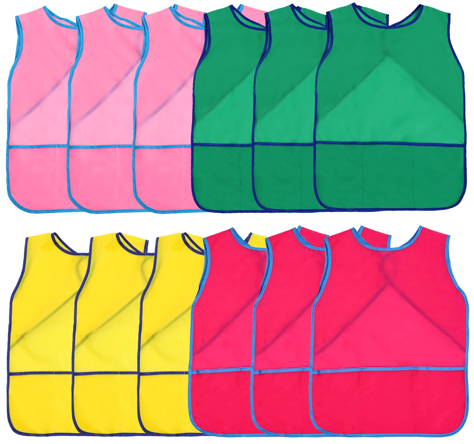 XIEJINJIA 12 Pack Kids Art Paint Smock Sleeveless with 3 Roomy Pockets Artist Child Play Aprons for Boys Girls Cooking Painting Craft(Pink/Green/Yellow/Rose Red)