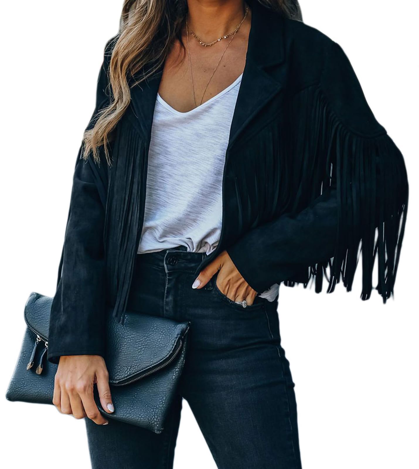 Photo 1 of Bibowa Faux Leather Jackets For Women Trendy Cowgirl Outfits Fall Western Fringe Cropped Jacket 2025 Tassel Motorcycle Crop Coats Winter Black L