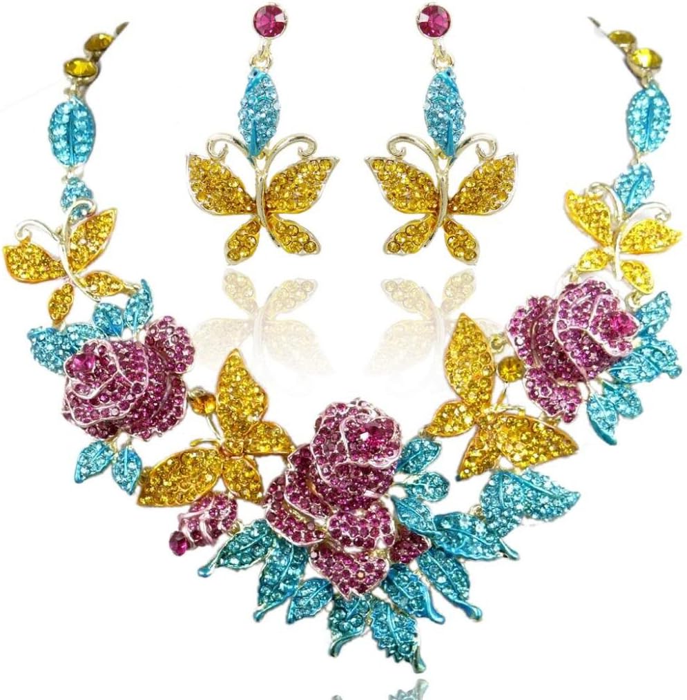 EVER FAITH Austrian Crystal Enamel Butterfly Rose Flower Leaf Necklace Earrings Set