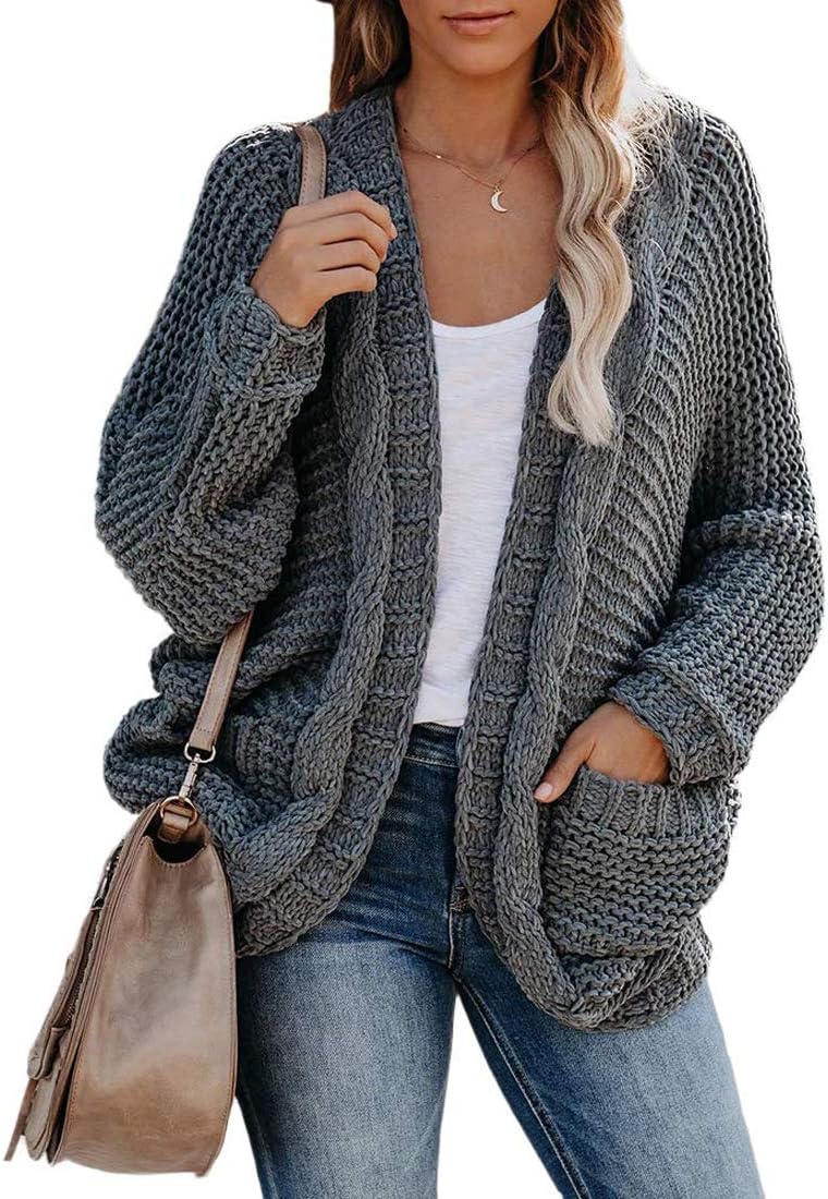 OEAK Gebreid vest voor dames, grof gebreid, lange mouwen, losse gebreide jas met zakken, casual