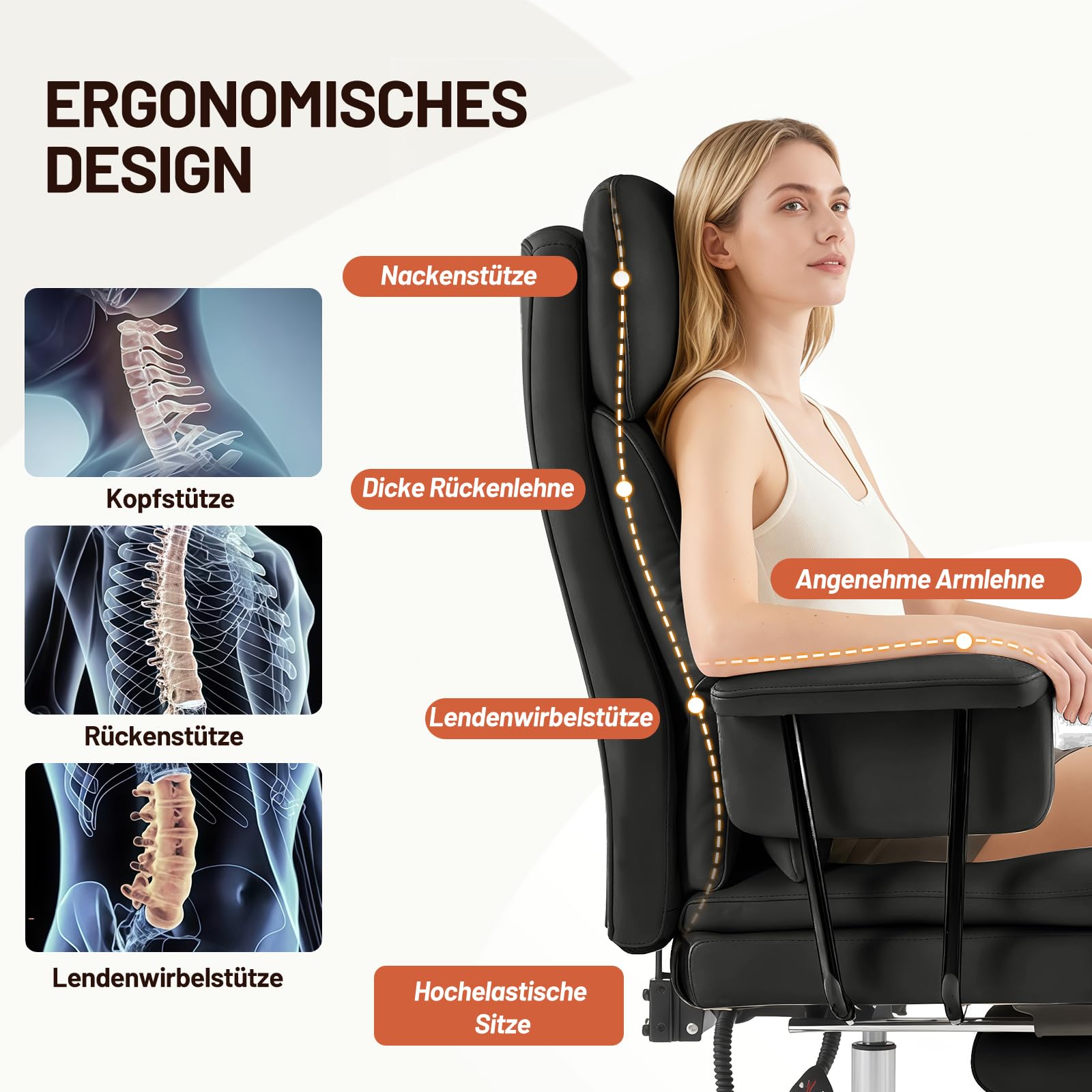 Ckaff Bürostuhl Ergonomischer mit Fußstütze und Lendenwirbelstütze, PU Leder Chefsessel 200KG XXL, Schreibtischstuhl Drehstuhl mit Armlehnen und Kopfstütze Höhenverstellbarer, Schwarz 6