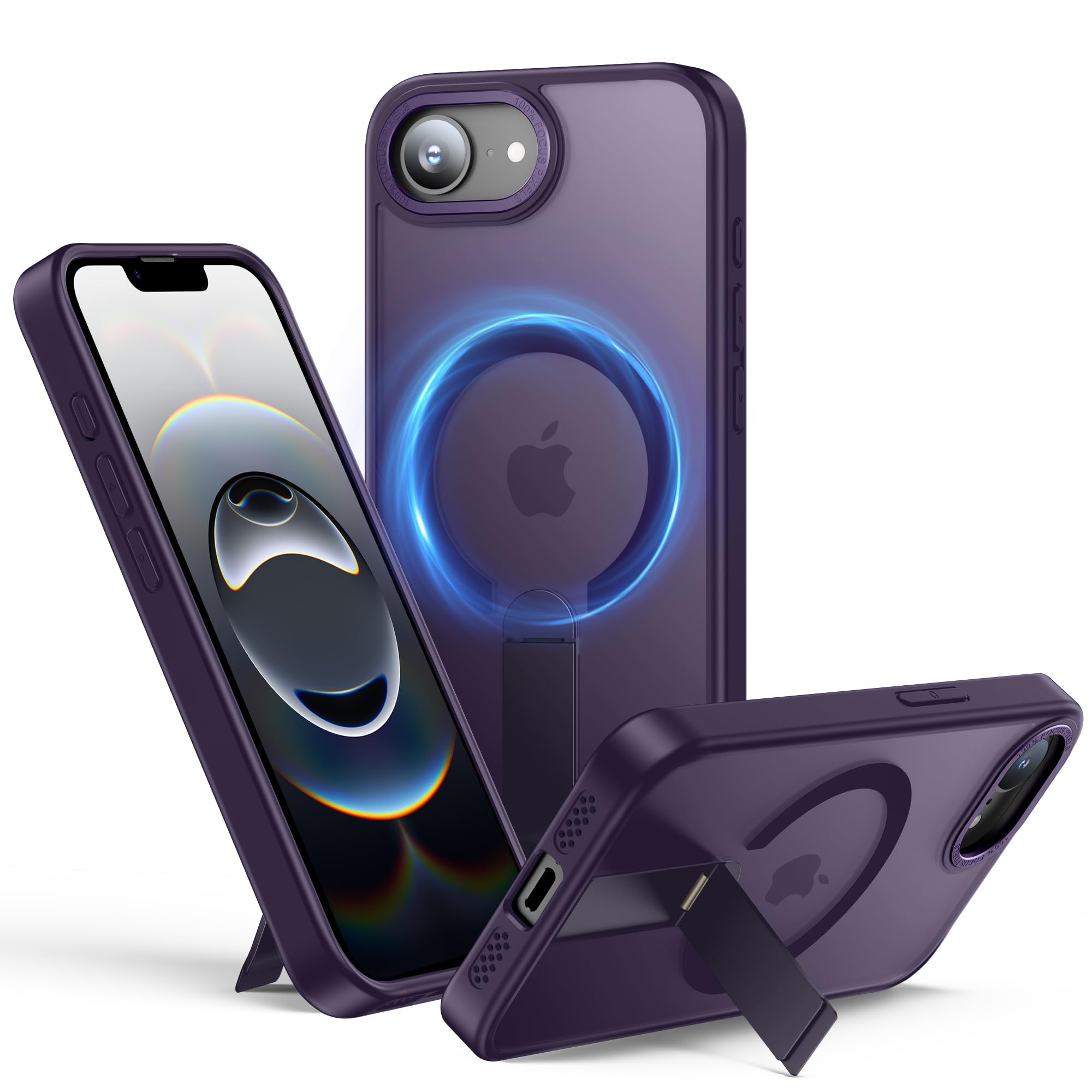 Photo 1 of TOBOVON for iPhone 16e Case with Stand, Fit for MagSafe, Slim Translucent Matte Military-Grade Drop Protection Magnetic Kickstand Phone Cover, Dark Purple