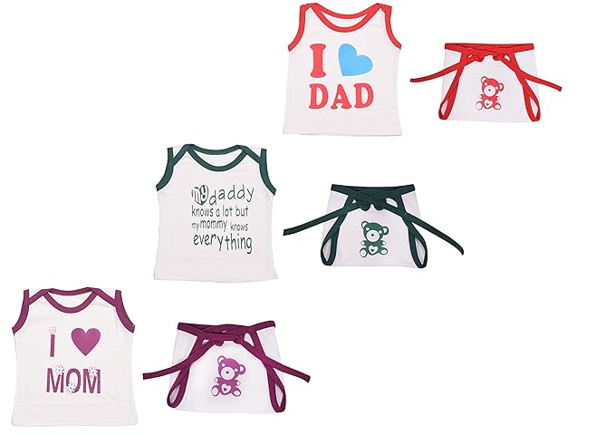 Toddylon Combo Set of 3 Sleeveless Tshirts and 3 Cotton Nappies for New Born Baby (0-6 Months)