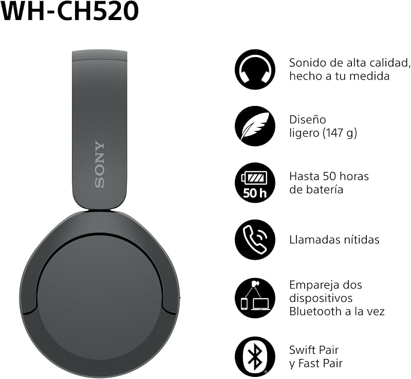 Fones de ouvido bluetooth sem fio sony wh-ch520, até 50 horas de duração da bateria com carga rápida e estilo faixa de cabeça, pretos