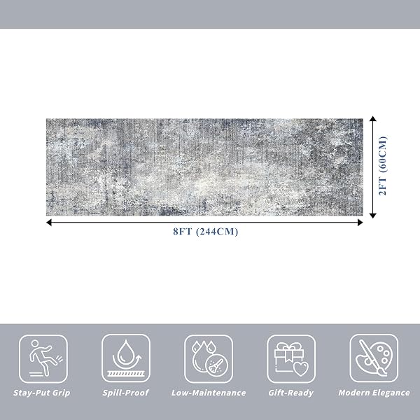 2X8 WASHABLE NON-SLIP HALLWAY RUNNER RUG – MODERN COASTAL ABSTRACT NEUTRAL STAIN-RESISTANT LOW-PILE CARPET RUNNER FOR KITCHEN ENTRYWAY BEDROOM BATHROOM (BLUE GRAY,2X8)