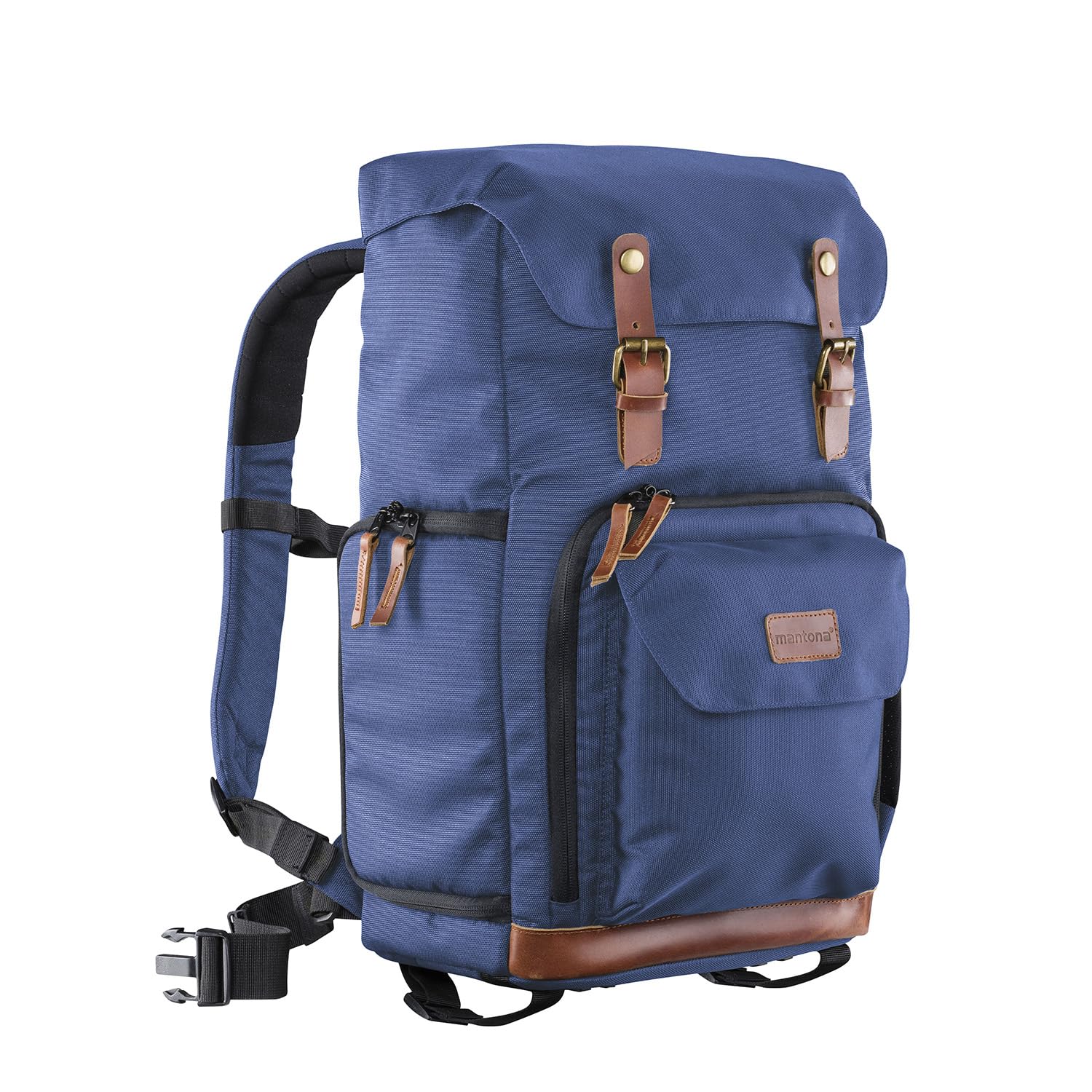 Mantona Luis Retro Photo Backpack (Genuine Leather Applications, incl. rain Cover, Flexible Divider and Laptop Compartment, Suitable for 1x DSLR Camera, 3X Lenses and Various Photo Accessories) Blue