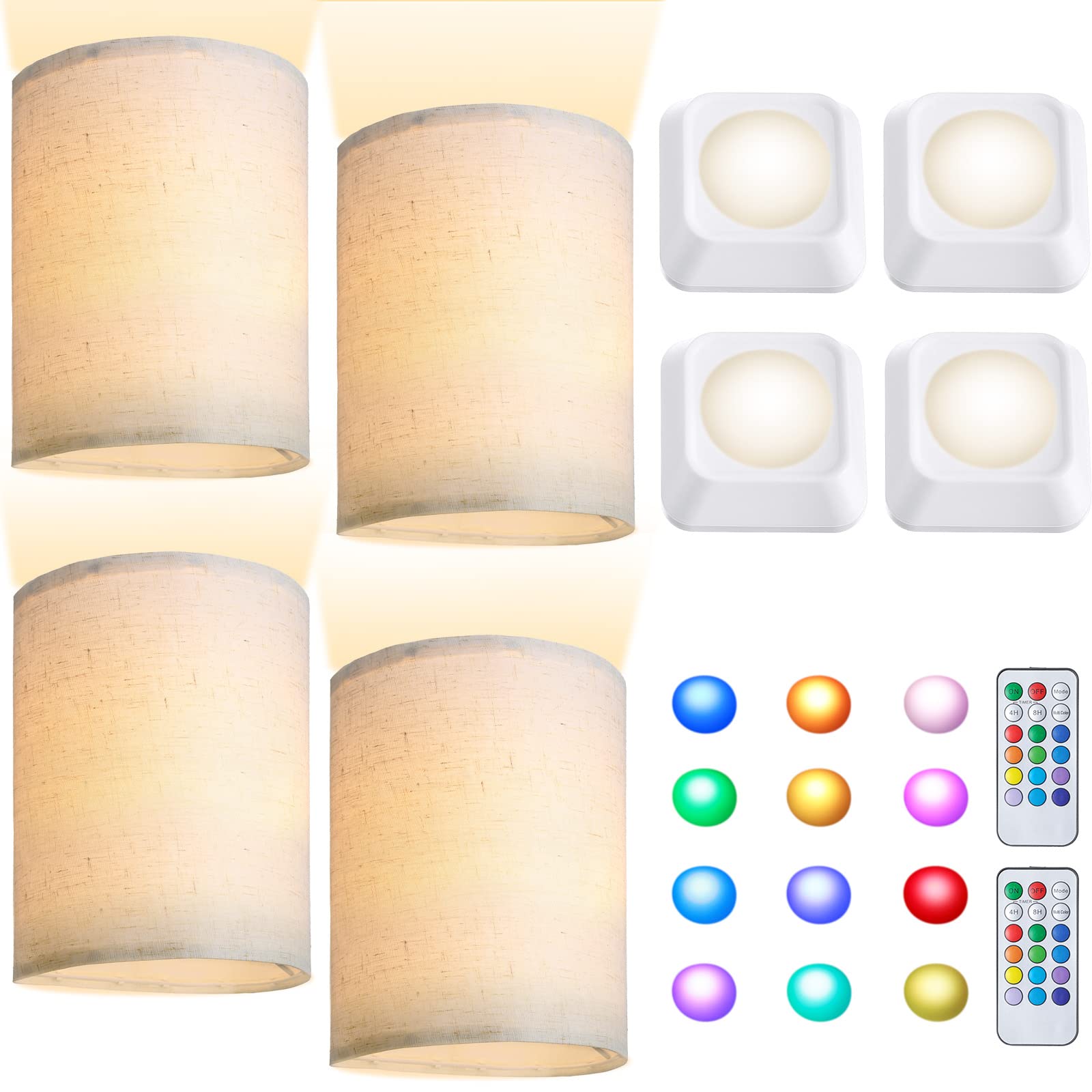 Photo 1 of 4 Set Battery Operated Wall Sconces 16 RGB Colors Wireless Wall Sconce Lighting Decor Dimmable Wall Lamp Fixture Wall Light with Fabric Linen Shade Remote, Wall Decor for Bedroom Living Room Hallway