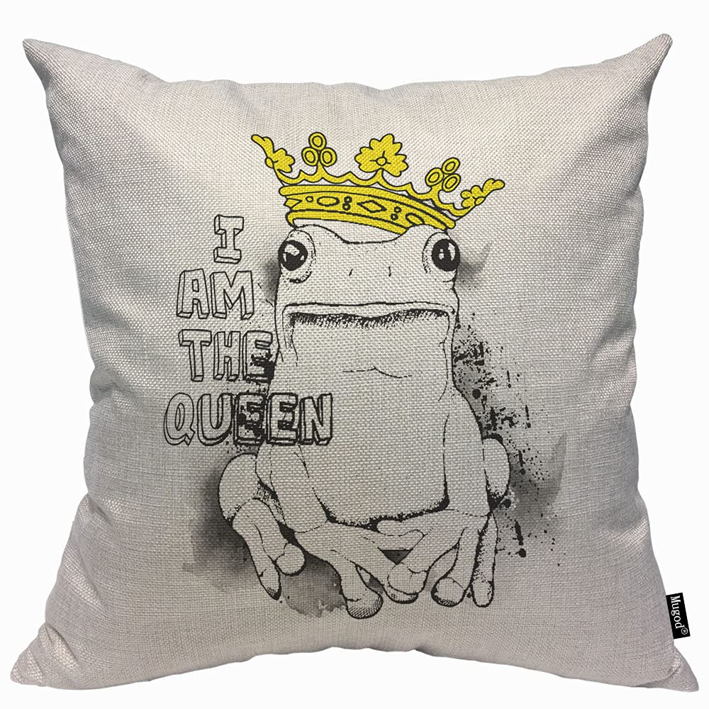 Mugod I Am The Queen Frog Cushion Cover Throw Pillow Covers Frog Wearing Yellow Crown on White Background Pillow Case for Men Women Decorative Home Sofa Chair Couch 45x45cm/18x18 Inch