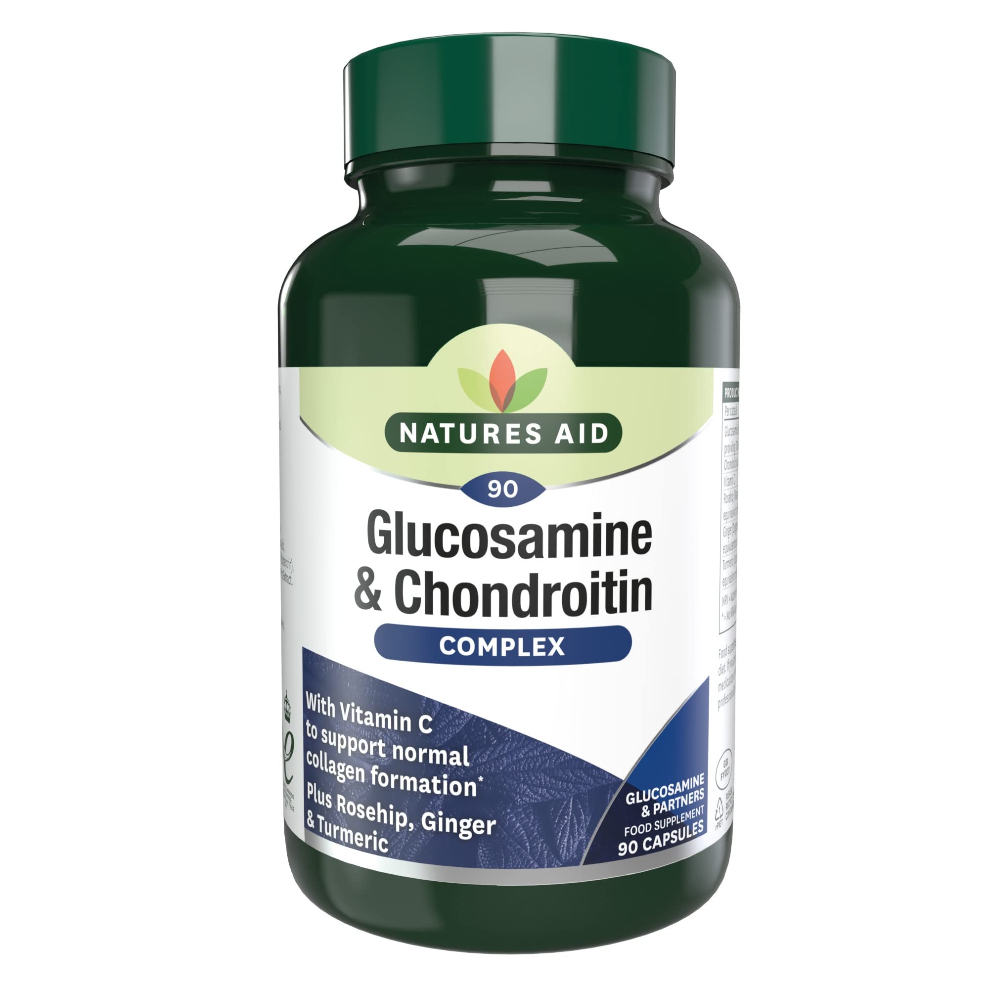 Natures Aid Glucosamine & Chondroitin Complex - Rosehip Ginger Turmeric Vitamin C Supplement - Joint Support Mobility, Flexibility & Cartilage Health - Non-GMO, Gluten-Free - 90 Capsules