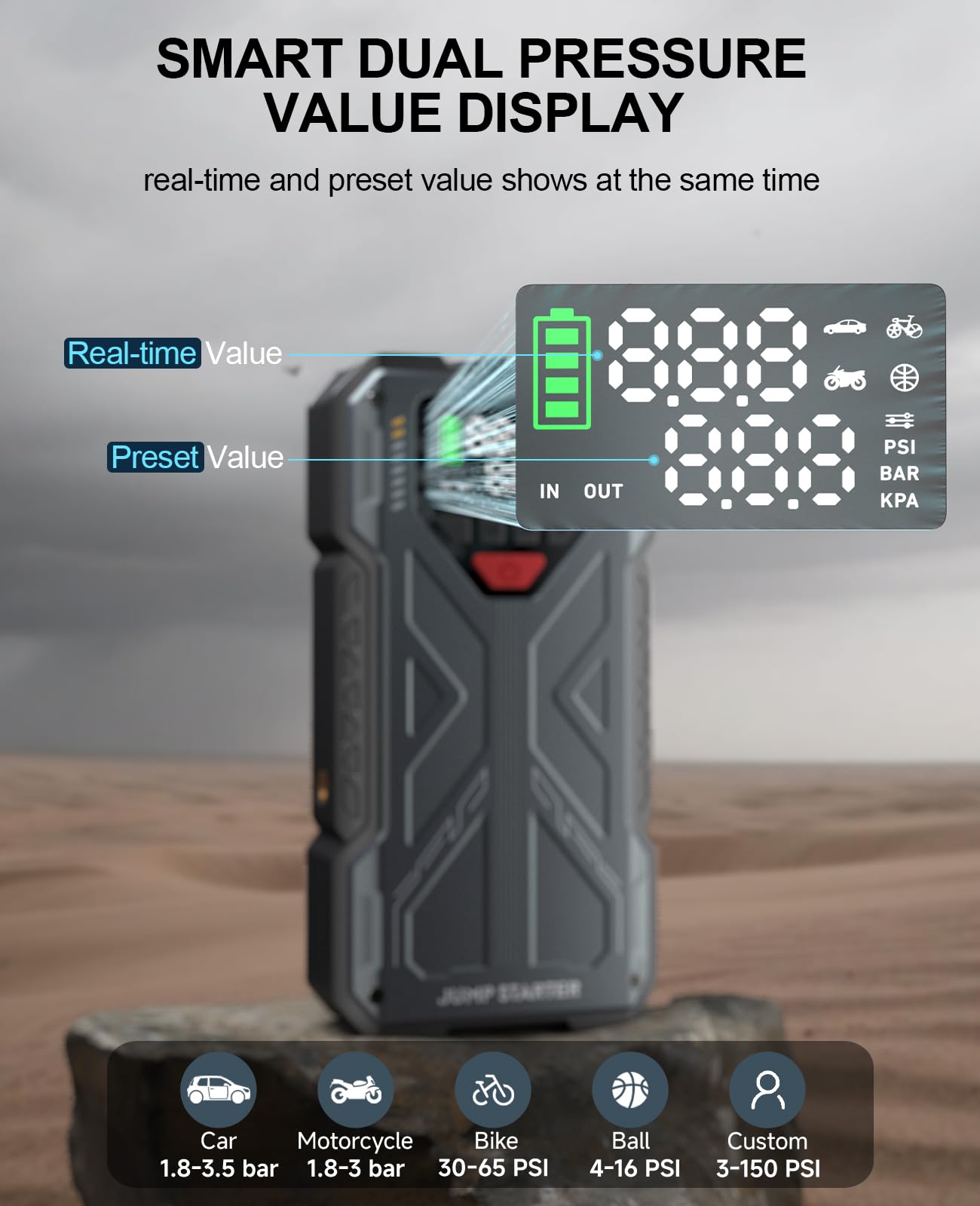 Jump Starter with Air Compressor 4000A, Emergency Car Jumper Starter Portable(8.0L Gas/6.5L Diesel) with 150PSI Auto-Shutoff Tire Inflator, 12V Jump Box Car Battery Booster Power Pack with QC3.0, LCD