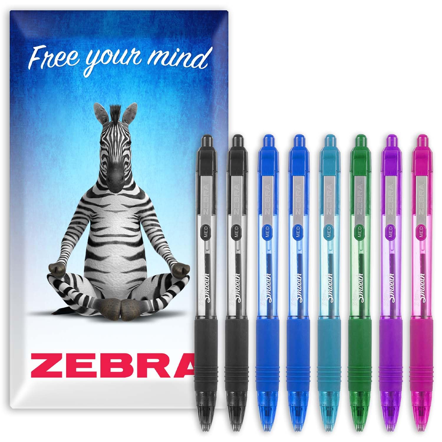 Zebra Z-Grip Smooth Retractable Ballpoint Pen - 1.0mm Nib - Black, Green, Light Blue, Blue, Violet, Pink & Red Ink - Pack of 8 - In Zebra Envelope Gift Packaging