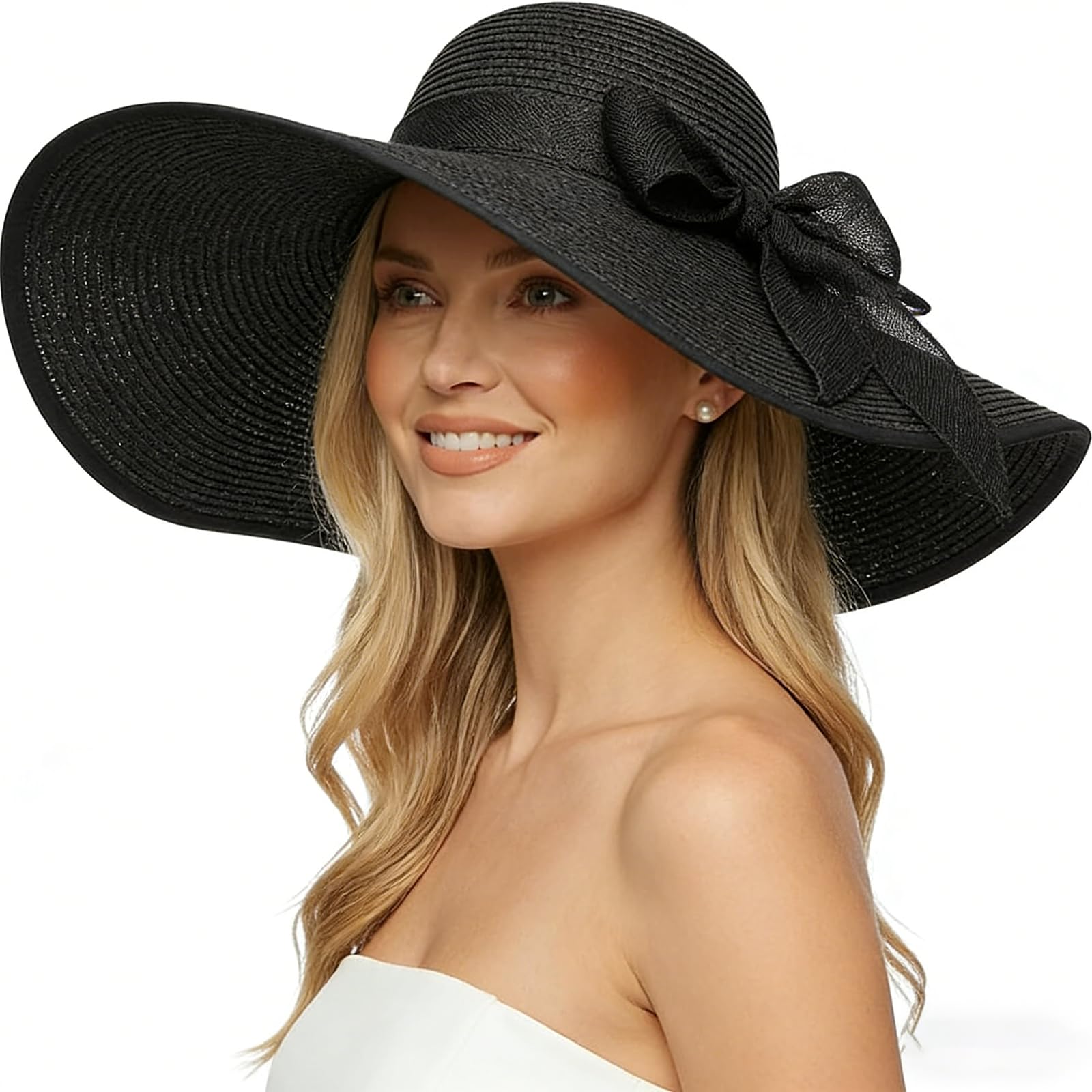 Photo 1 of **BOW FALLS OFF** DRESHOW Women Wide Brim Bow Straw Hat Floppy Foldable Beach Sun Hat Roll up Cap UPF 50+