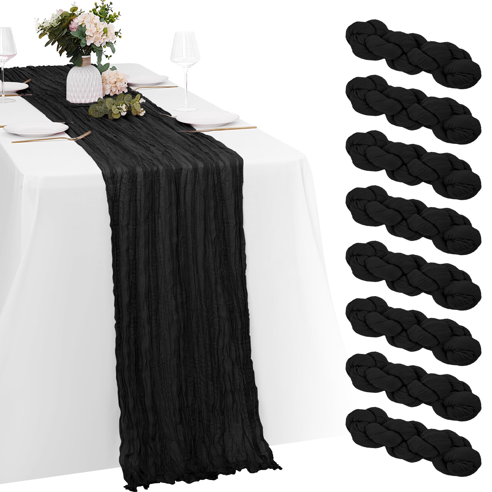 Photo 1 of 8 Pack Black Cheesecloth Table Runners 20x120 Inch Gauze Table Runner Cheese Cloth 10FT Black Table Runner Rustic Sheer Runner for Wedding Baby Shower Birthday Party Table Decor