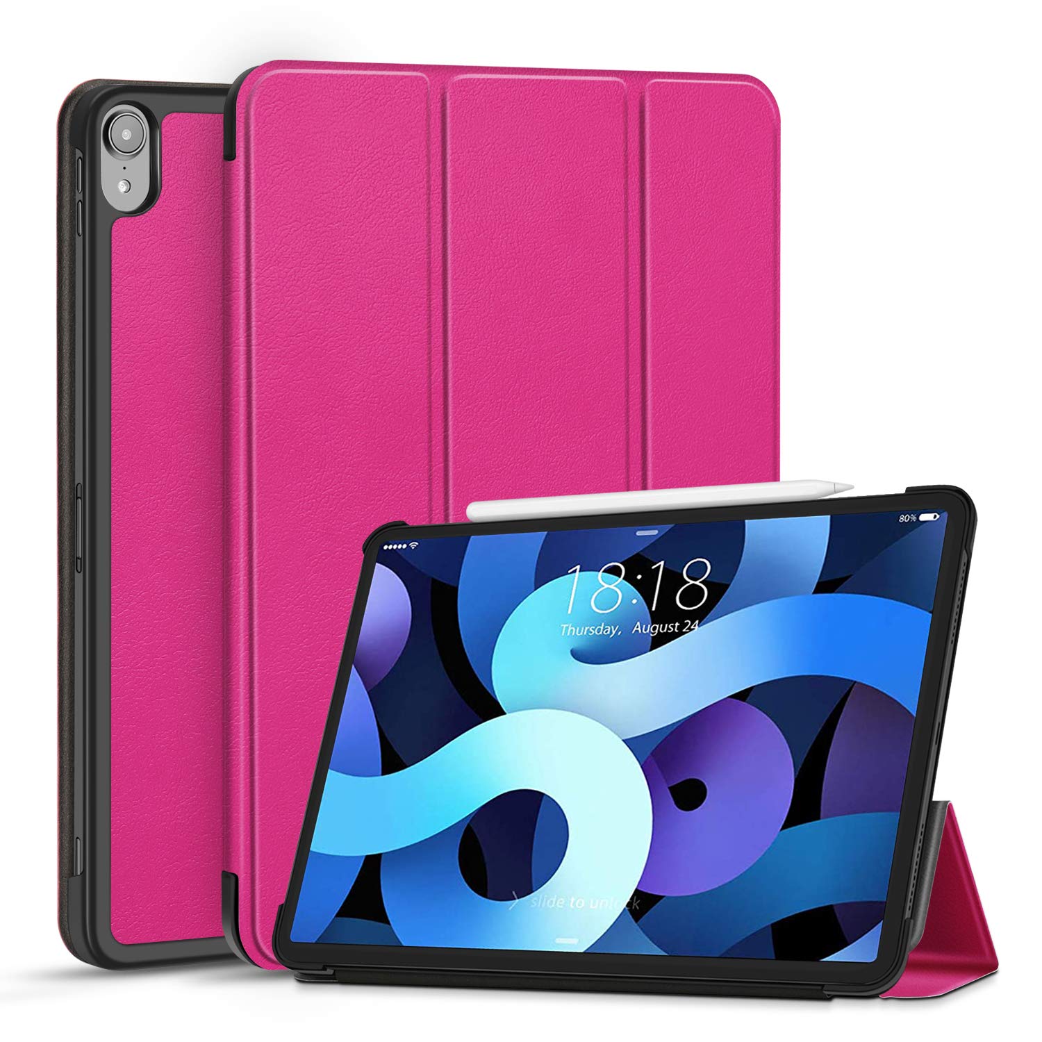 TNP Cover Case for iPad Air 11 Inch M2 6th 2024, 5th 4th Generation(2022 2020) - 10.9" Hot Pink Case with Pencil Holder for 2nd Gen Apple Pencil - Protective Cover with Trifold Stand