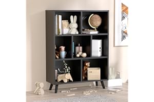 DIYART Black Mid-Century Modern 3-Tier bookshelf, 7 cube Wood Bookcase with legs, Minimalist kids bookcase for Bedroom, Living Room, 31.4" W x 43.3" H