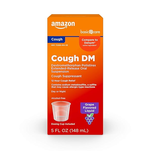 AMAZON BASIC CARE 12 HOUR COUGH DM SYRUP, EXTENDED-RELEASE DEXTROMETHORPHAN, GRAPE FLAVOR LIQUID MEDICINE, 5 FL OZ (PACK OF 1)