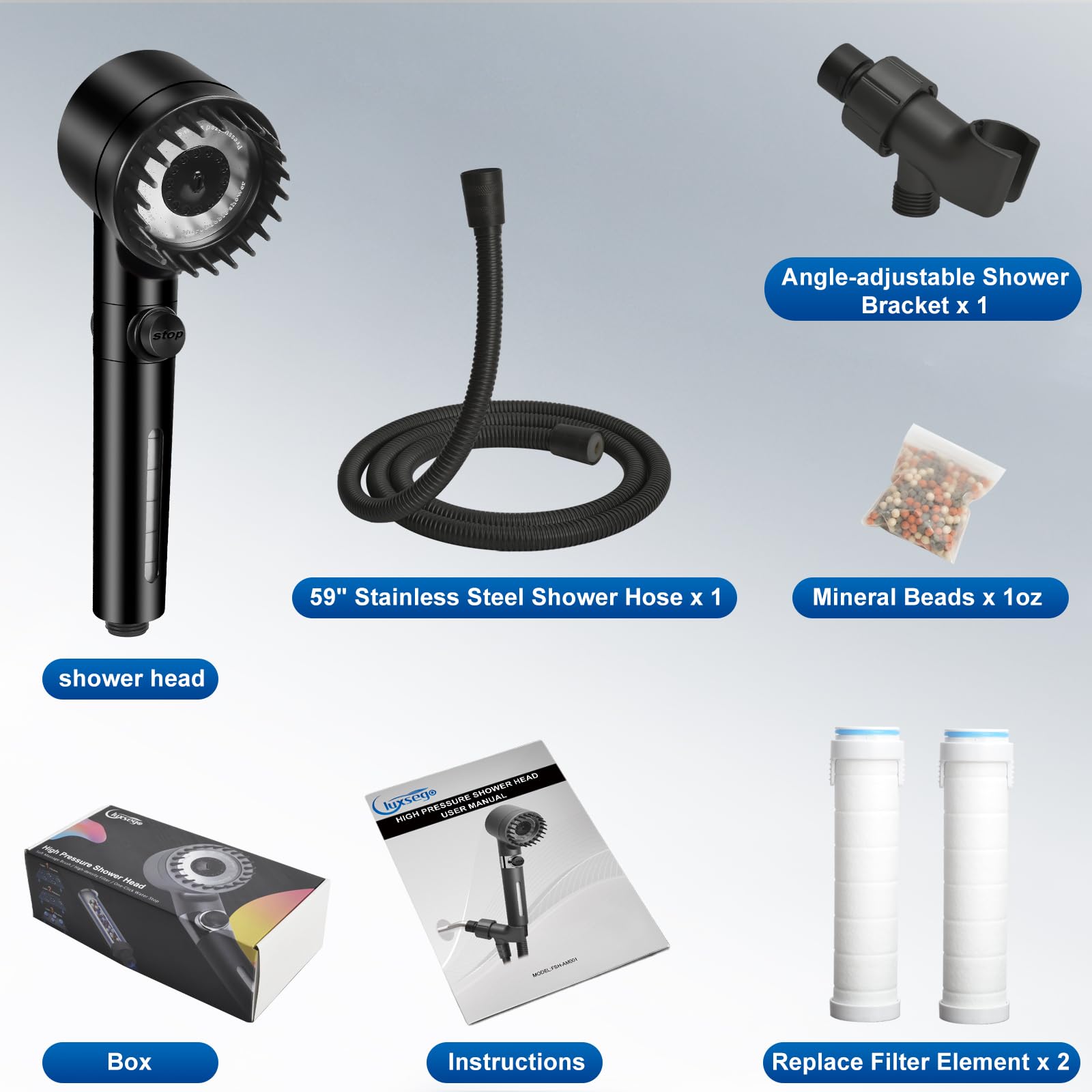 Luxsego High Pressure Shower Heads with Handheld Sprayer, Filtered Shower Head Soften Hard Water with Scalp Massager for Skin & Hair Care, 3 Settings Multi Functional Detachable Shower Head (Black)