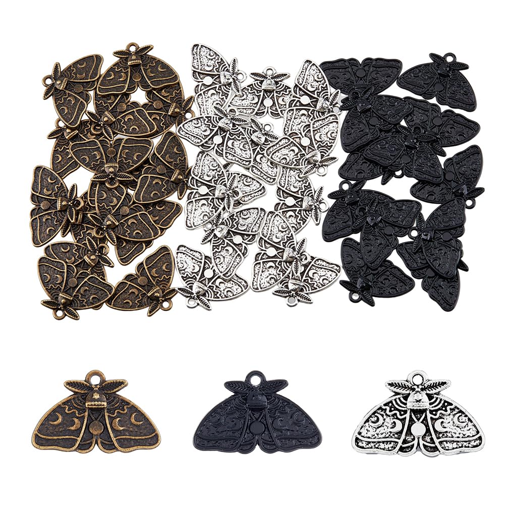 DICOSMETIC 60Pcs 3 Colors Luna Moth Charms Tibetan Style Moth with Moon Phase Pendants Antique Bronze/Silver/Black Animal Pendants Alloy Charms for Jewelry Making, Hole: 1.8mm