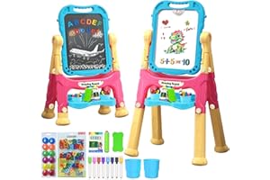Juivin Art Easel for Kids Double Sided Magnetic Drawing Board with Letters & Numbers, Adjustable Standing Easel for Toddlers, Creative Play & Learning Toys for Kids - Blue