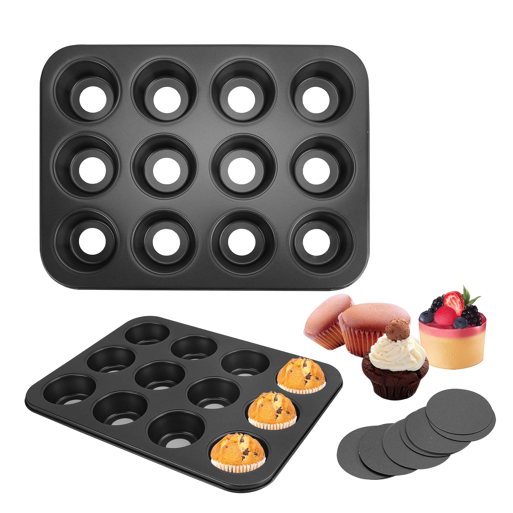 YKUKIZEE 2 Pack Mini Muffin Tray with Removable Bottom Non Stick, Mini Cupcake Trays 12 Hole Loose Bottom, Carbon Steel Mini Cheesecake Tin for Baking Sandwich Pan