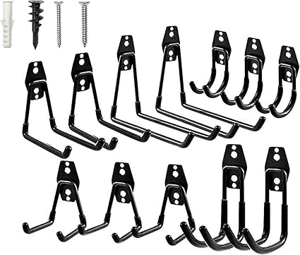 Amazon ガレージフック 12パックガレージ収納フックとハンガー 頑丈な壁掛けガレージオーガナイザー はしご 自転車 ホースなどの道具収納 黒 ネジフック
