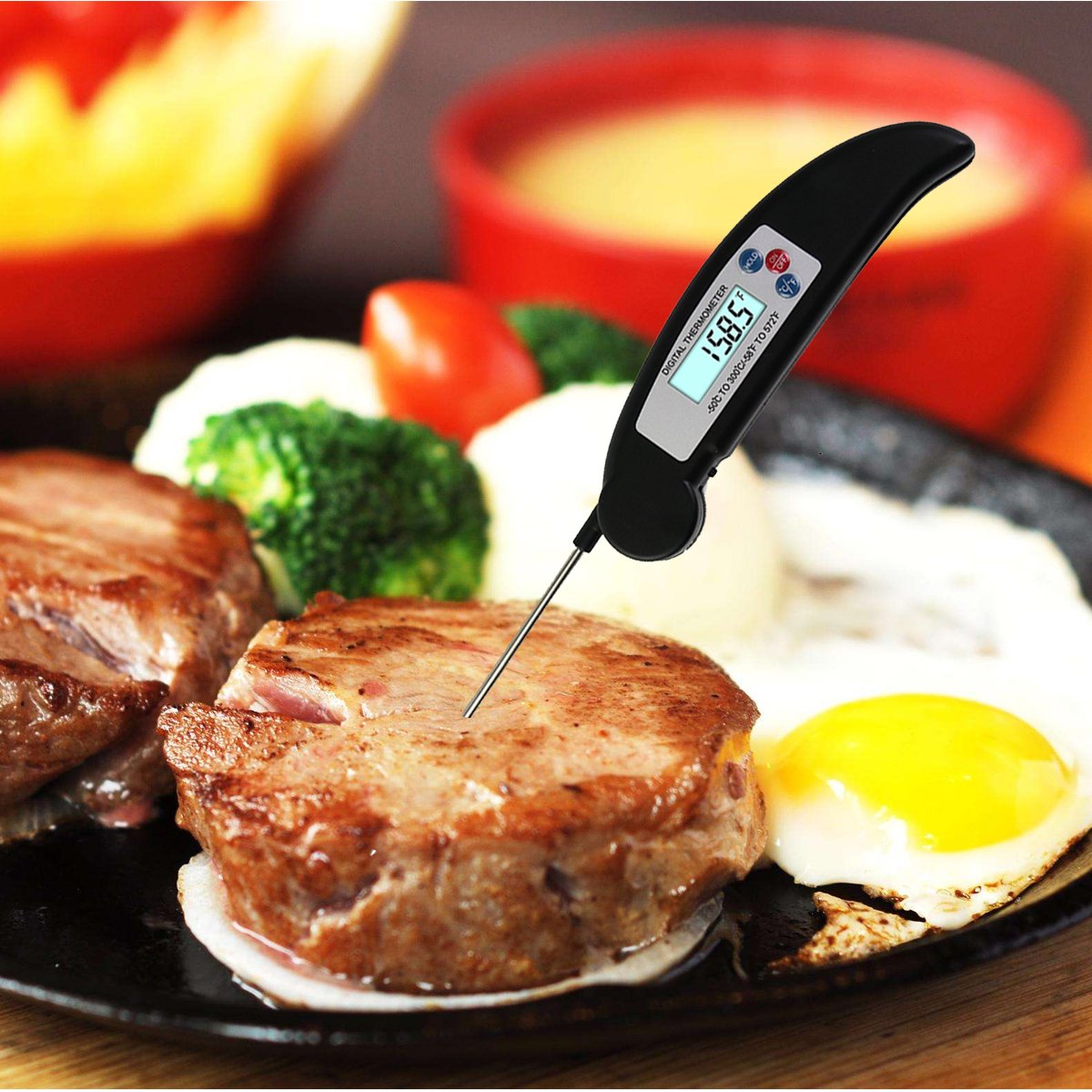 ALLESCOOL Digital Food Thermometer, Instant Read Meat Thermometer with Foldable Probe,Probe for Kitchen Cooking, BBQ, Poultry, Grill Food, Fast & Auto On/Off(black)