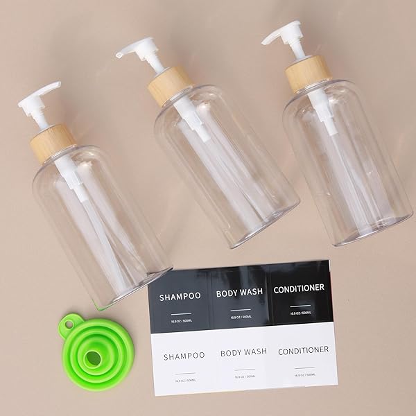 SHAMPOO AND CONDITIONER DISPENSER, REFILLABLE PLASTIC SHAMPOO PUMP BOTTLES WITH WATERPROOF LABELS, EMPTY BODY WASH DISPENSER SET FOR BATHROOM, SHOWER SOAP BOTTLES (CLEAR, SET OF 3, 16.9OZ)