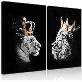 BJVJKSU Black and White Lion Wall Art - King and Queen Lioness Canvas Wall Decor with Gold Crown - Wild Animal Couple Prints Ready to Hang (12x16in)