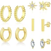 FUNEIA Small Gold Hoop Earrings for Women Trendy Silver 14K Gold Plated Hypoallergenic Cartilage Huggie Earrings for Women Cute Moon Star Cubic Zirconia Stud Earring Sets for Multiple Piercing Jewelry