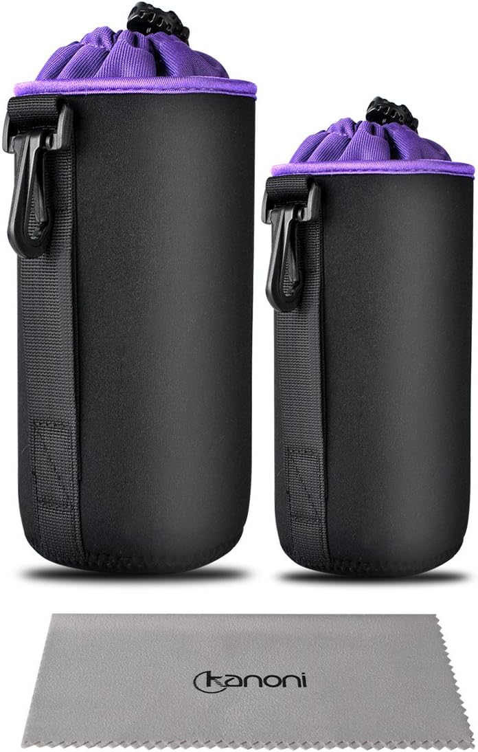 Camera Lens Pouch Bag (Meduim and Large) - Kanoni 5mm Thick Protective Neoprene Lens Pouches Bags Case of Soft Plush Lining With a Hook for DSLR Camera Lens(Canon, Nikon, Pentax, Sony, etc. Black)