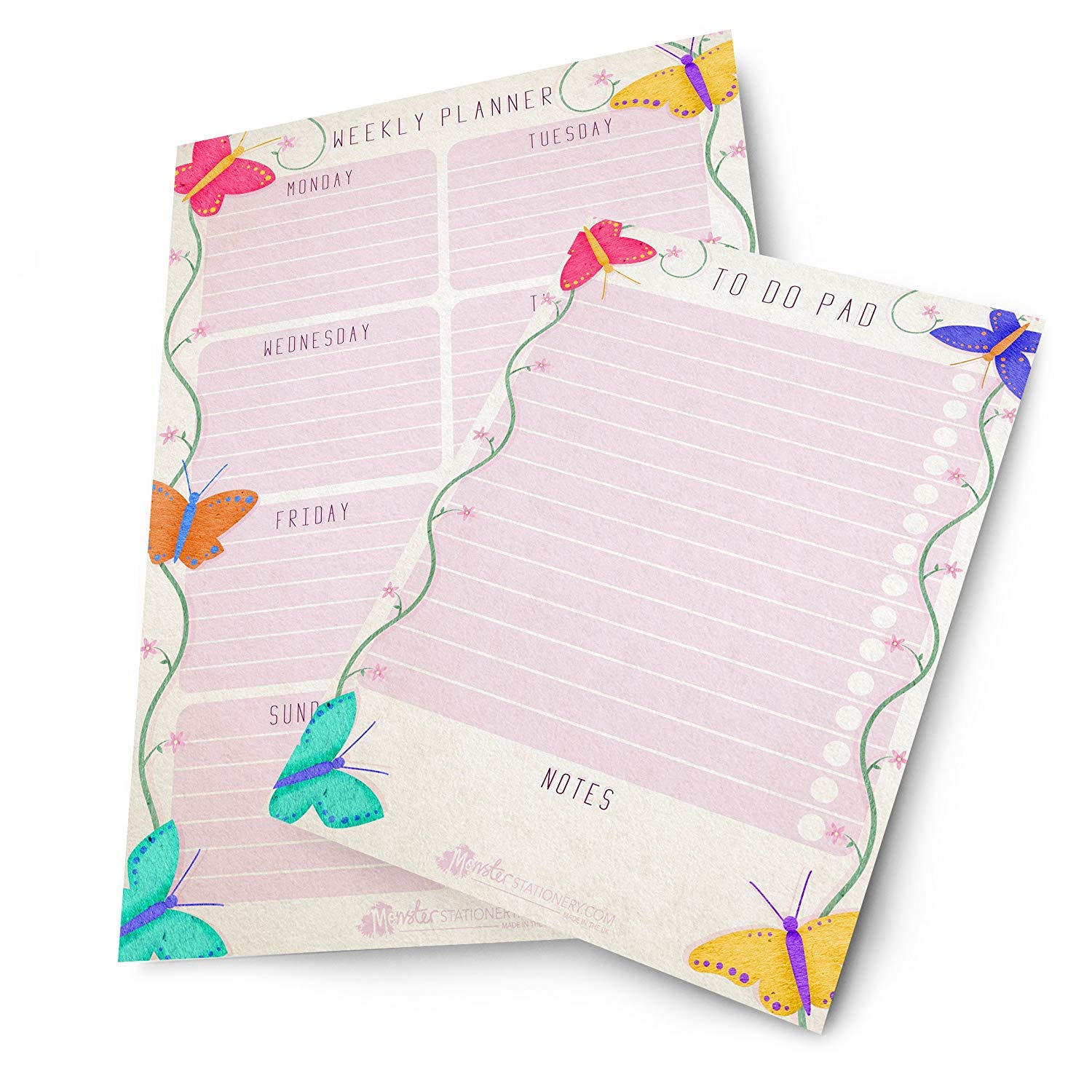 Monster Stationery - Butterfly Design A5 Daily To Do Pad and A4 Weekly Schedule Planner - 60 Sheets - 80gsm - Made in UK - 2021 Planner