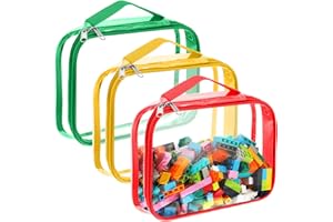 Sanwuta 3 Packs Toy Storage Bags with Zipper, Clear PVC Organizing Waterproof Toy Bags for Board Games, Building Blocks, and Kids Books(12.6 x 9 x 2.36 Inch,Red, Yellow, Green)