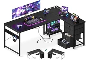 AODK L Shaped Gaming Desk with 4 Drawers, 61" Reversible Home Office Desks with Power Outlets, L Shaped Computer Desk with USB Charging Port and Host Stand, Corner Desk, Easy to Assemble, Black