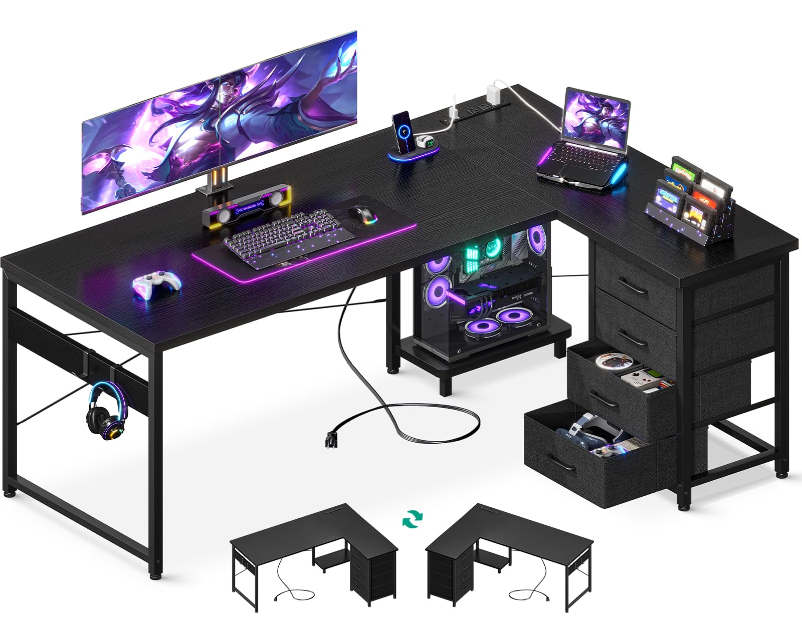 Photo 1 of **COLOR IS WHITE**ODK 61'' L Shaped Desk with 4 Drawers, Reversible Corner Desk with Storage, Gaming Table with Power Outlets, USB Ports, PC Case Shelf, Computer Desk for Home Office, Study, Easy Assembly,