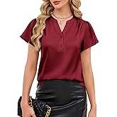 Funlingo Women's Silk Satin Tops Dressy Casual Ruffle Short Sleeve Blouses Summer V Neck Pleated Button Down Shirts