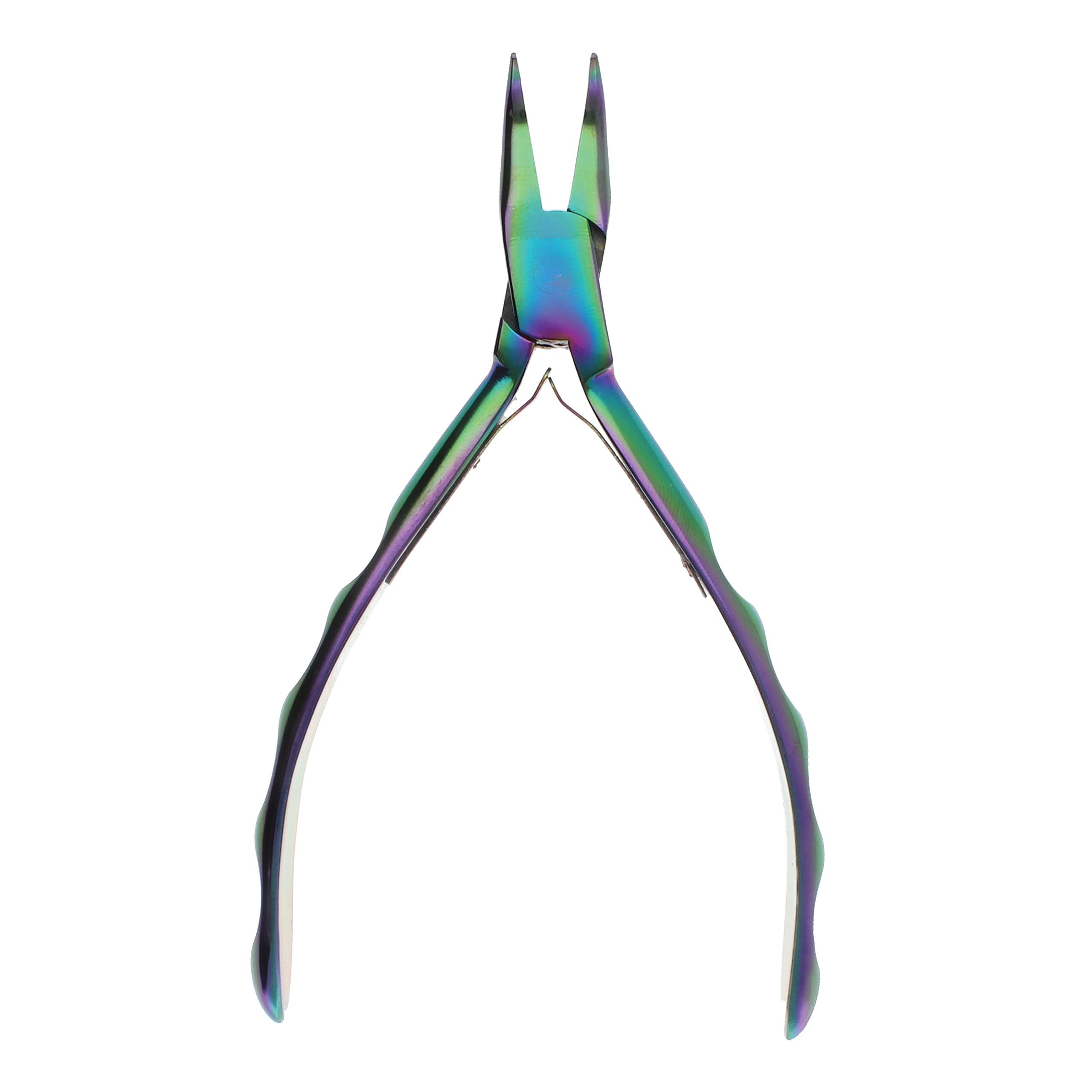 The Beadsmith Chroma Series Bent Chain Nose Plier, 5.5 inches (140mm), hardened stainless-steel head, rainbow titanium coating, contoured comfort grip handle and double-leaf spring