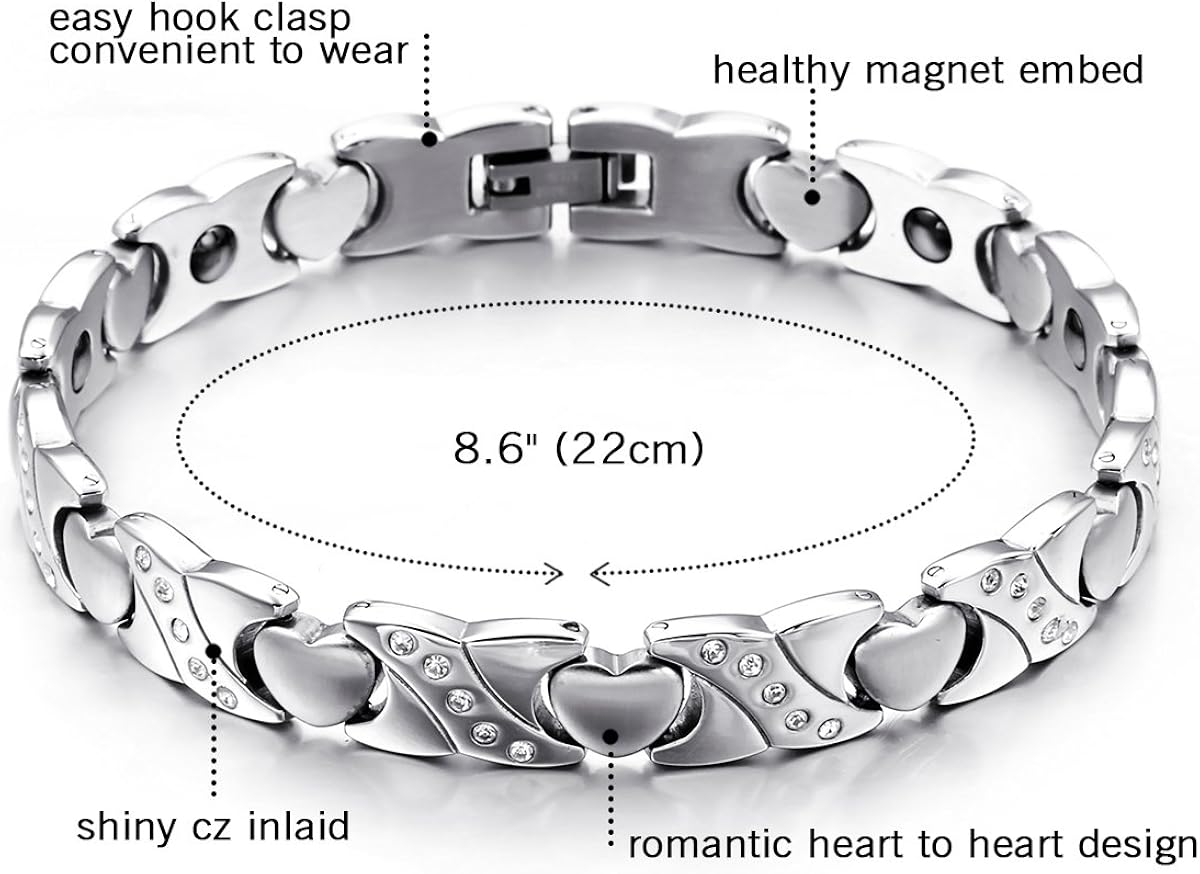 Oidea Womens High Polished Stainless Steel Heart Charm Healthy Magnetic Bracelet,Shiny CZ Inlaid,8.6 Inch - Image 3