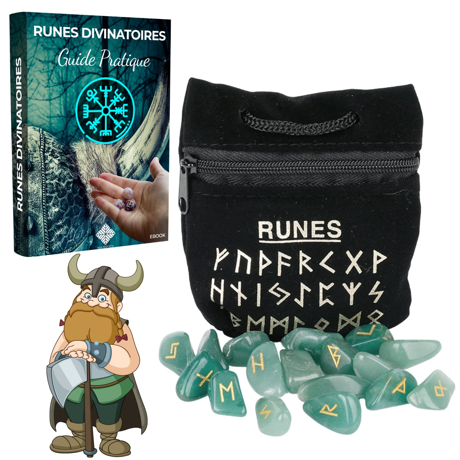 Celtic Runes Viking Green Aventurine Set x25 Polished Semi Precious Stones Engraved (2 cm x 1 cm) + Black Bag + Practical Book (PDF) - Futhark Runic Alphabet for Divination and Cartomancy